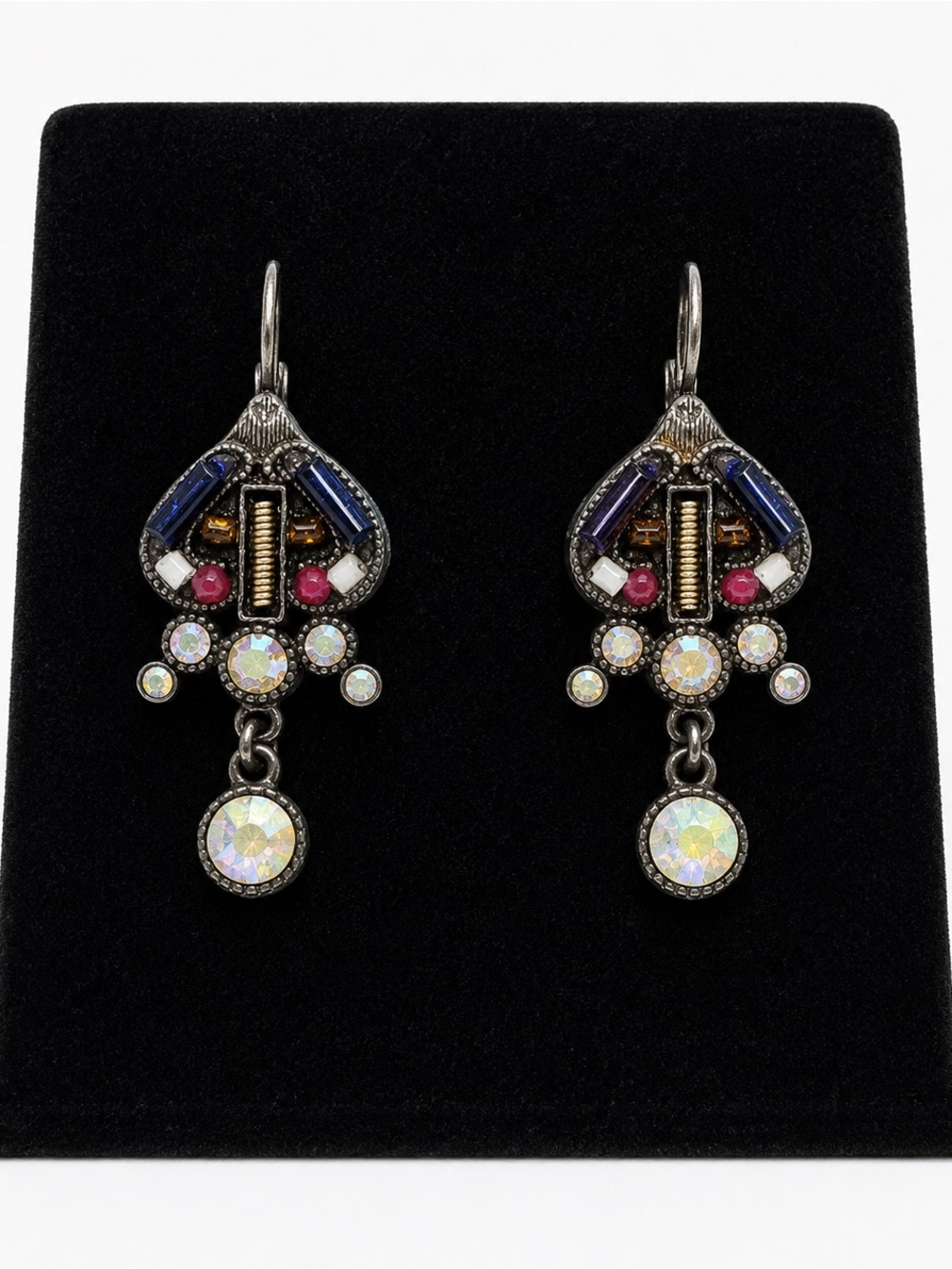 Oxidized Silver Multicolor Crystal Drop Earrings - Women Jewelry